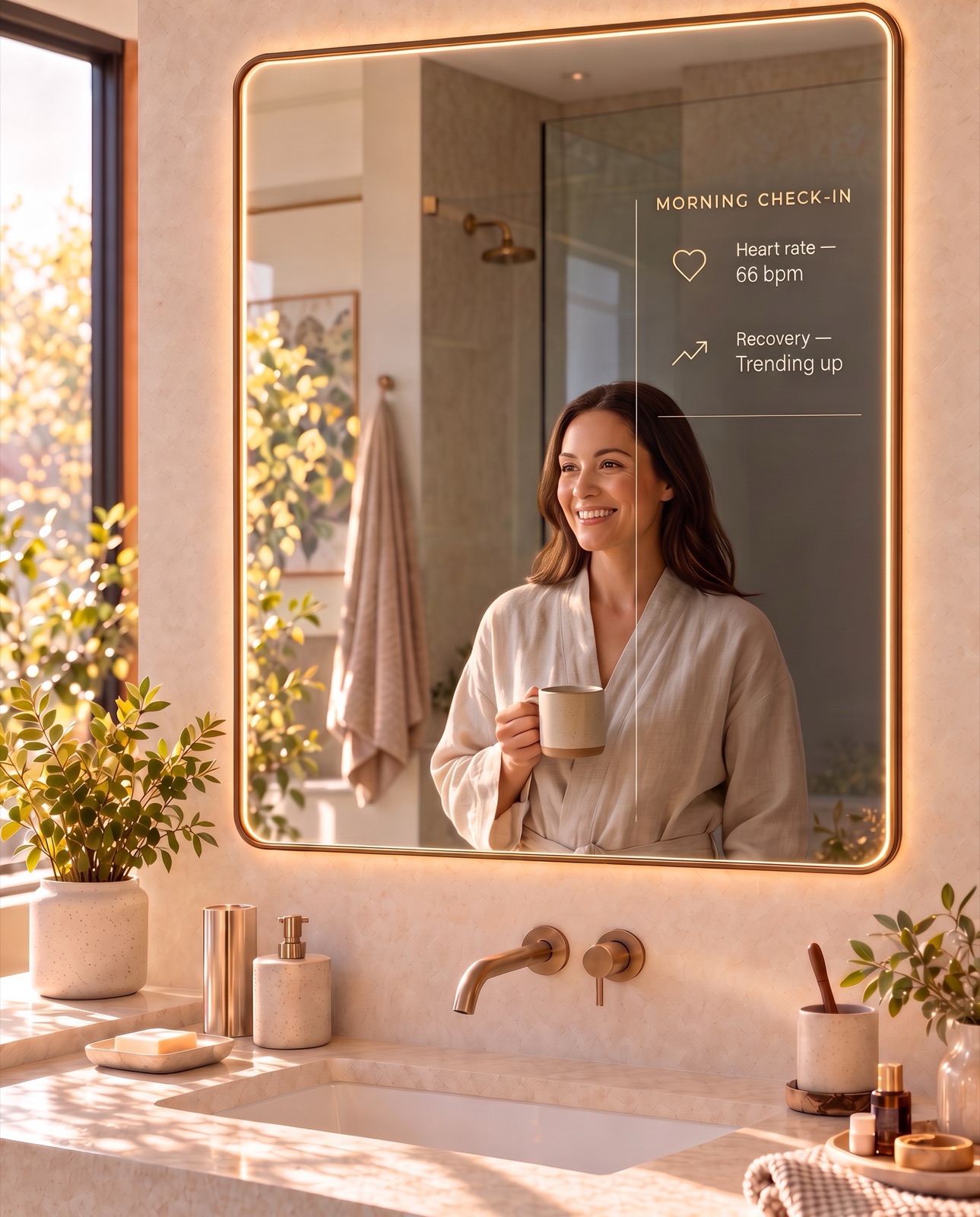 A woman in a linen robe smiling at her Lumi mirror with a coffee in hand